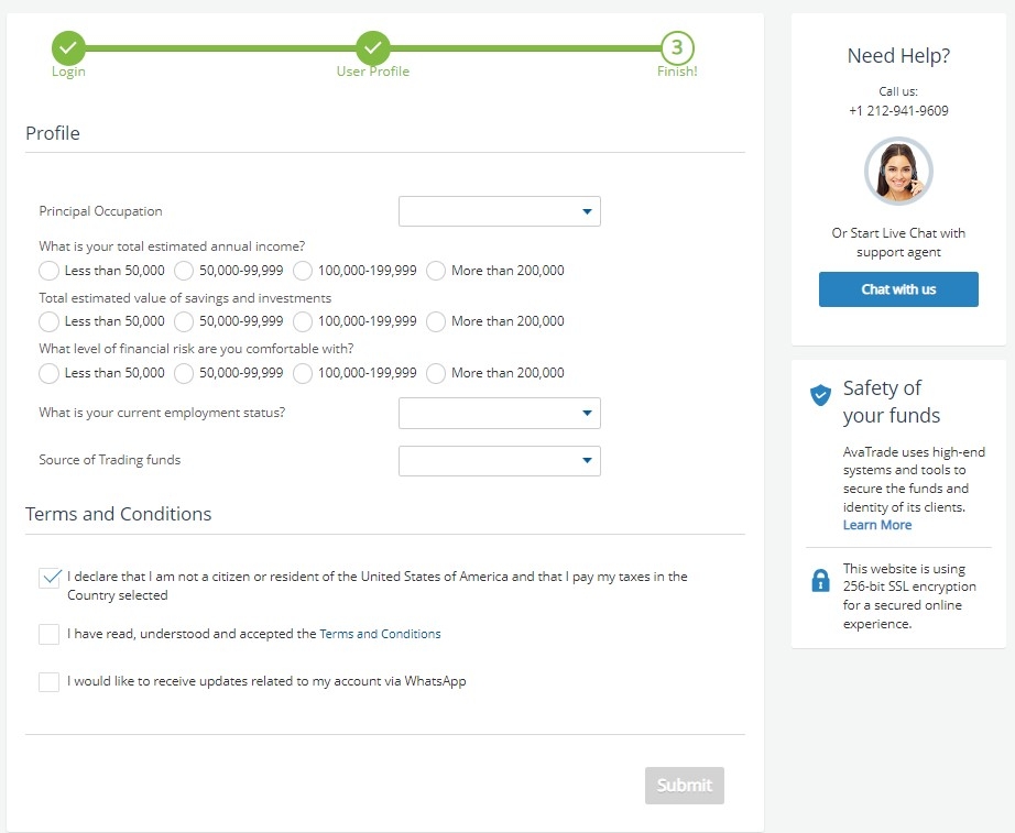 Fill in the Financial Information at AvaTrade