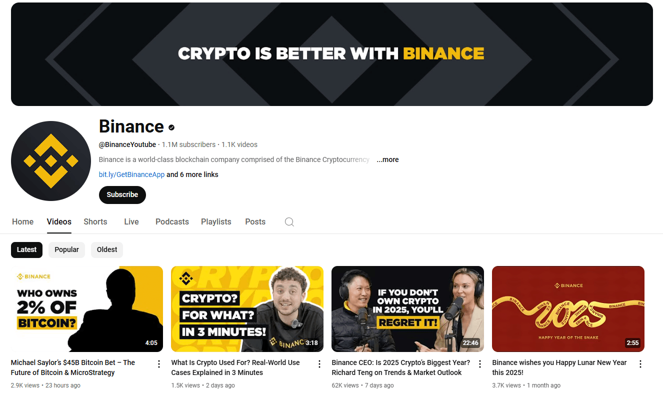  Canal da Binance no YouTube