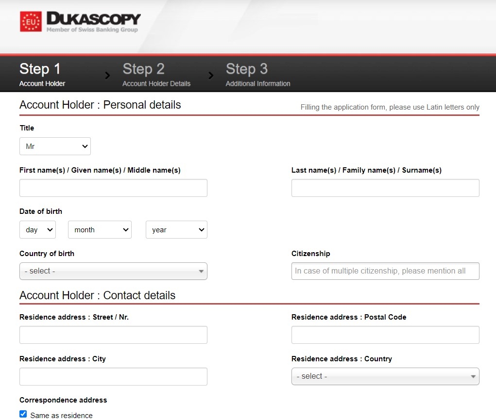 Registro de uma conta pessoal na Dukascopy Europe