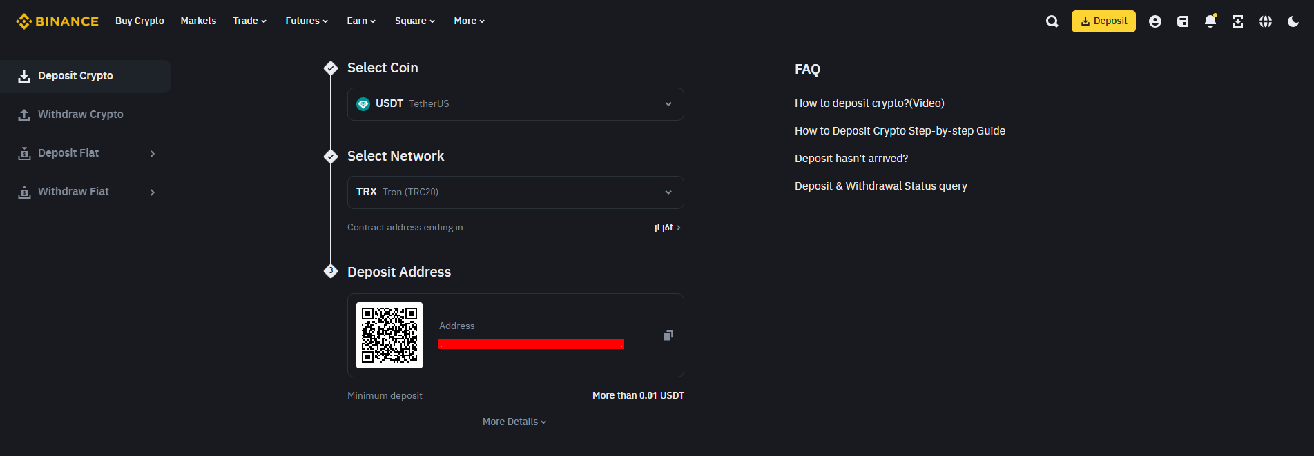 Cryptocurrency Deposit on Binance