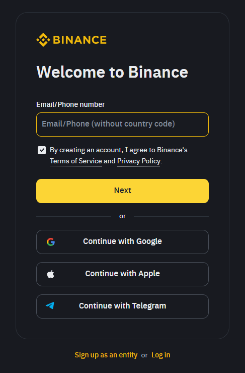 Binance signup form