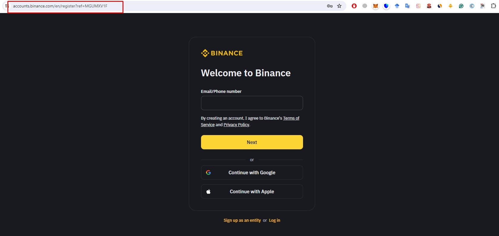 Sign up for Binance