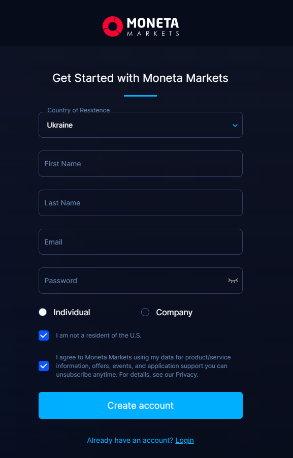 Moneta Markets registration form