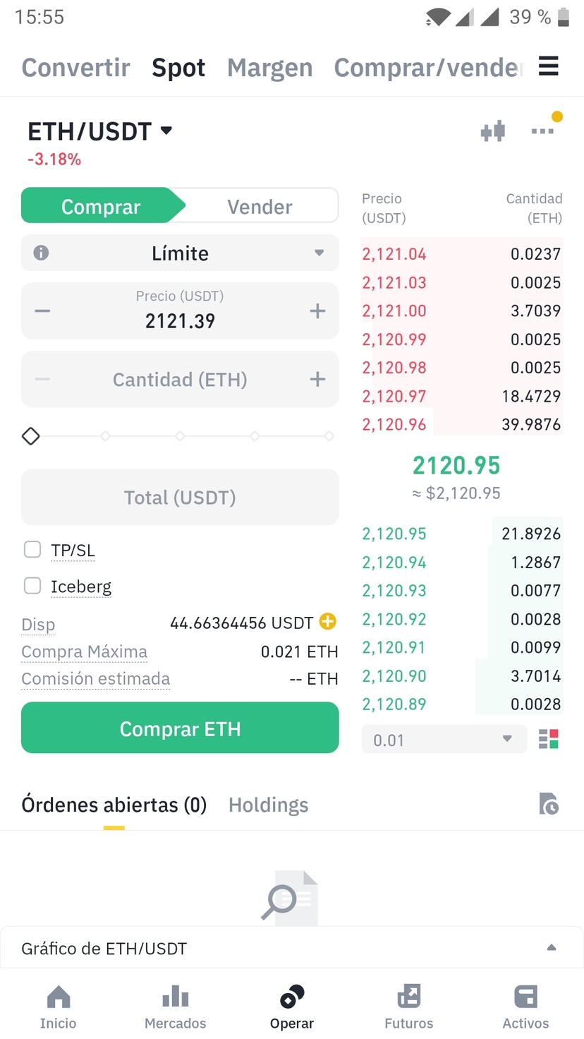 Operar en la aplicación móvil Binance