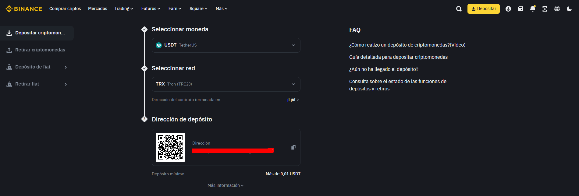 Depósito de criptodivisas en Binance
