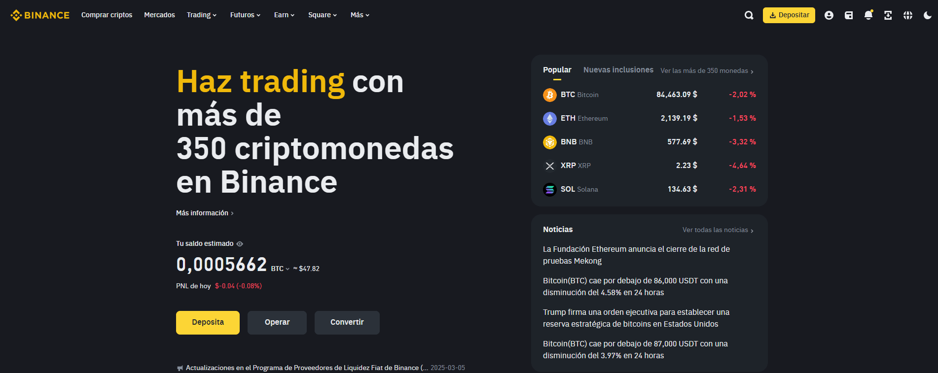 Página de inicio de Binance