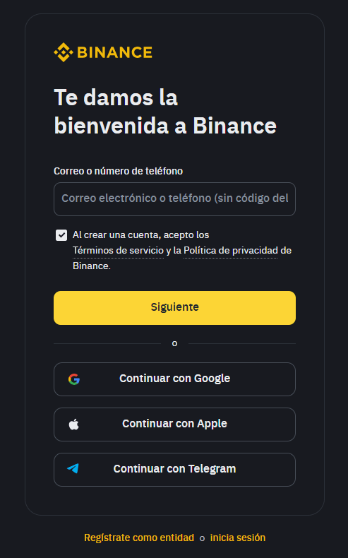 Formulario de registro en Binance