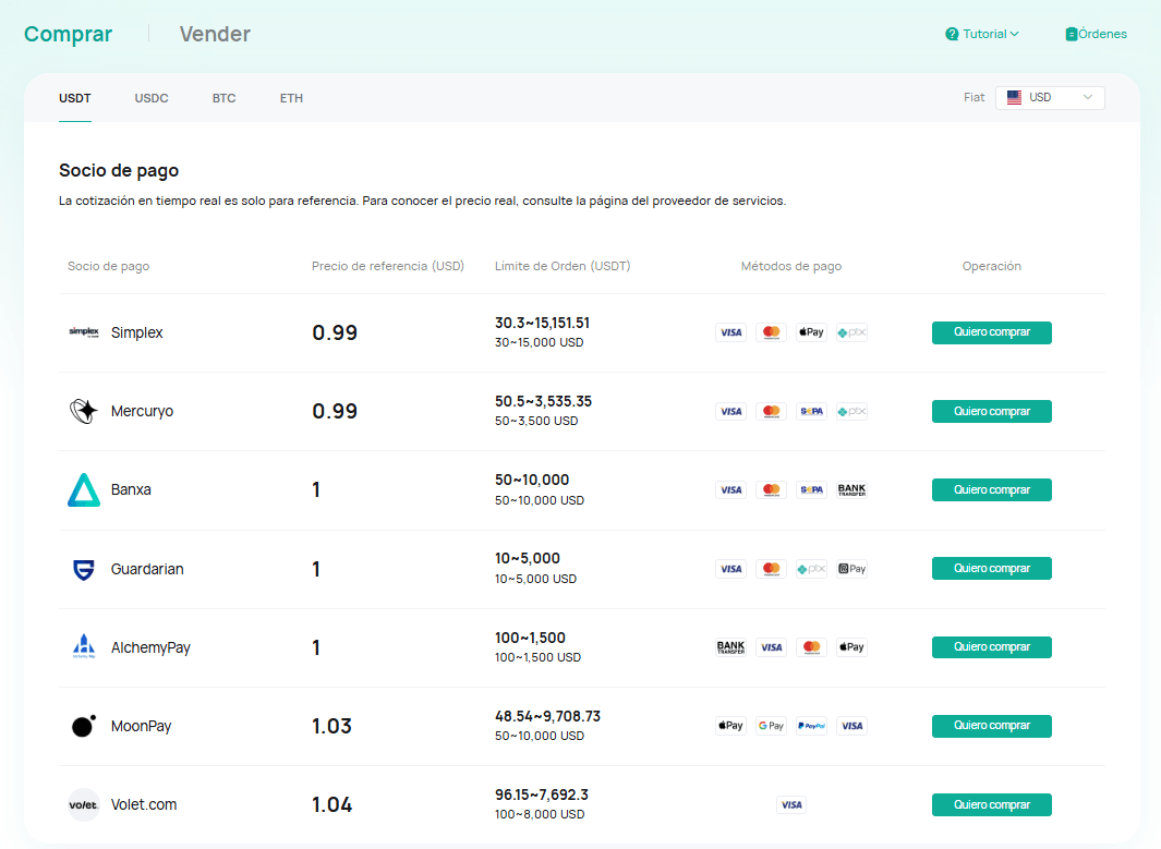 Comprar criptomoneda a través del socio de pago CoinEx