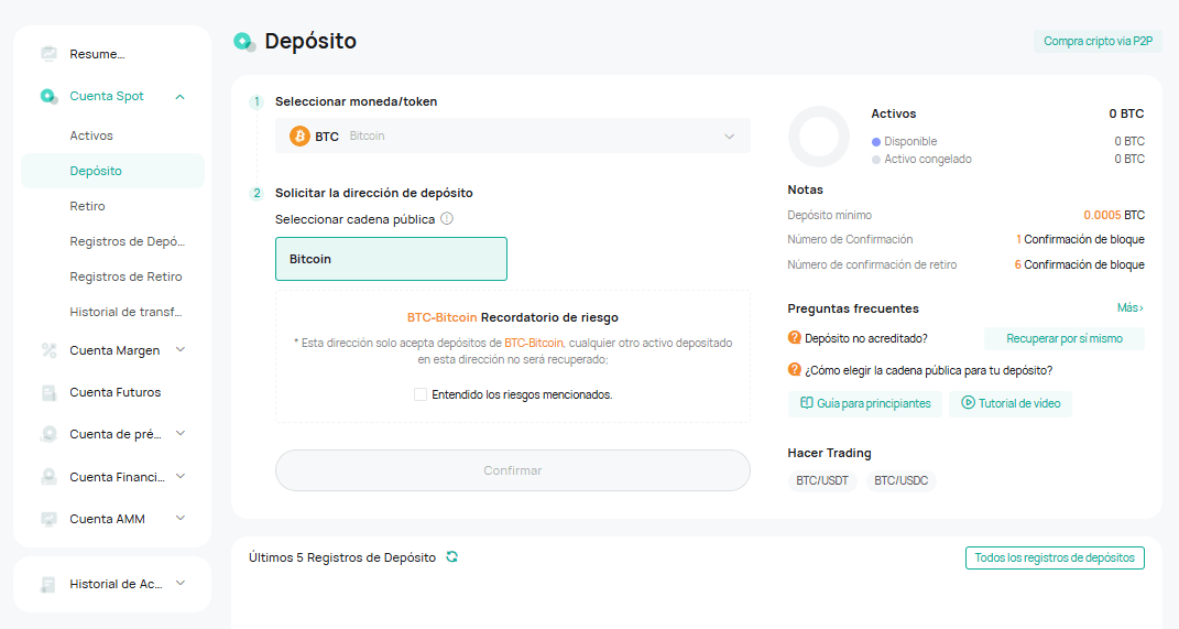 Depósito de criptomonedas en CoinEx