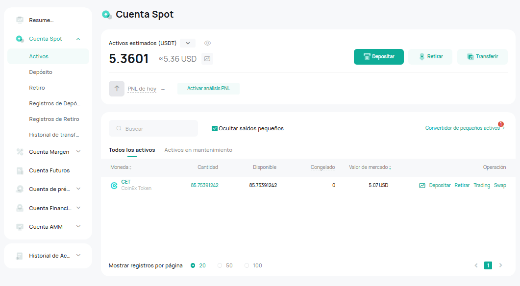 Cuenta al contado CoinEx