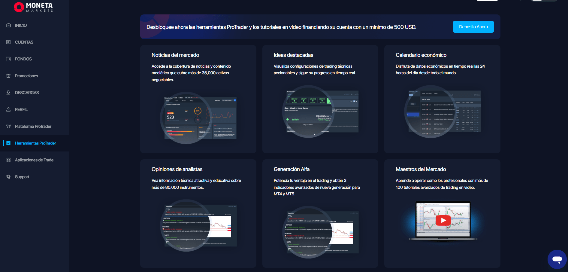 Herramientas ProTrader en el gabinete personal de Moneta Markets