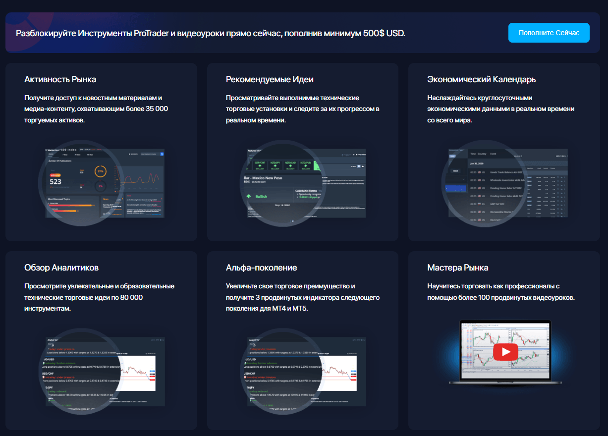 Инструменты ProTrader в личном кабинете Moneta Markets