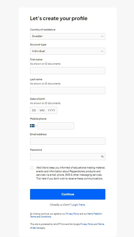 Pepperstone Registration Form