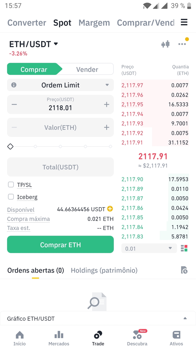 Trading no aplicativo móvel da Binance