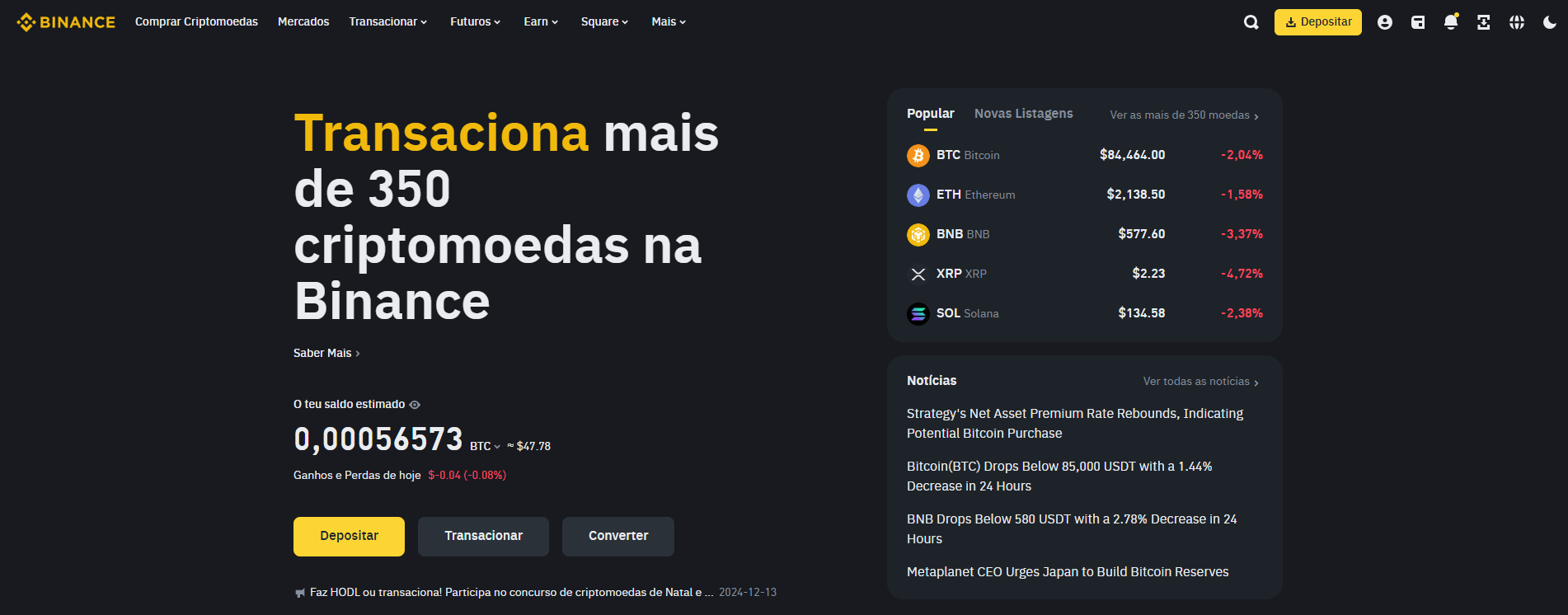 Página inicial da Binance