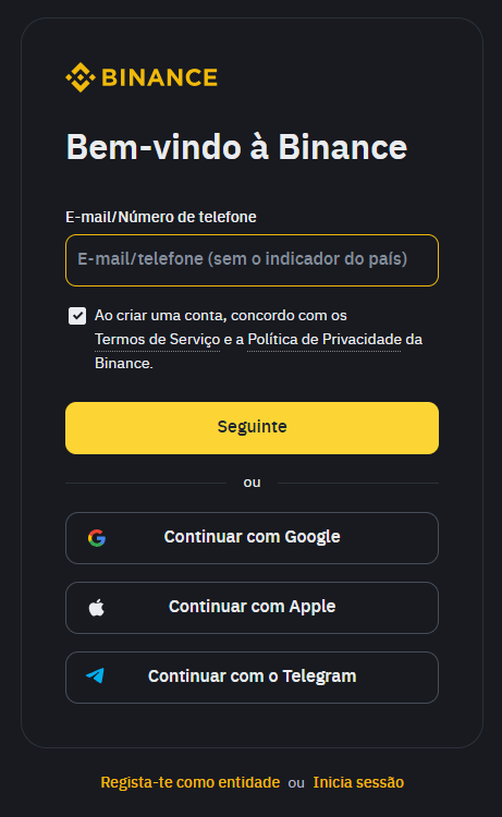 Formulário de registro da Binance