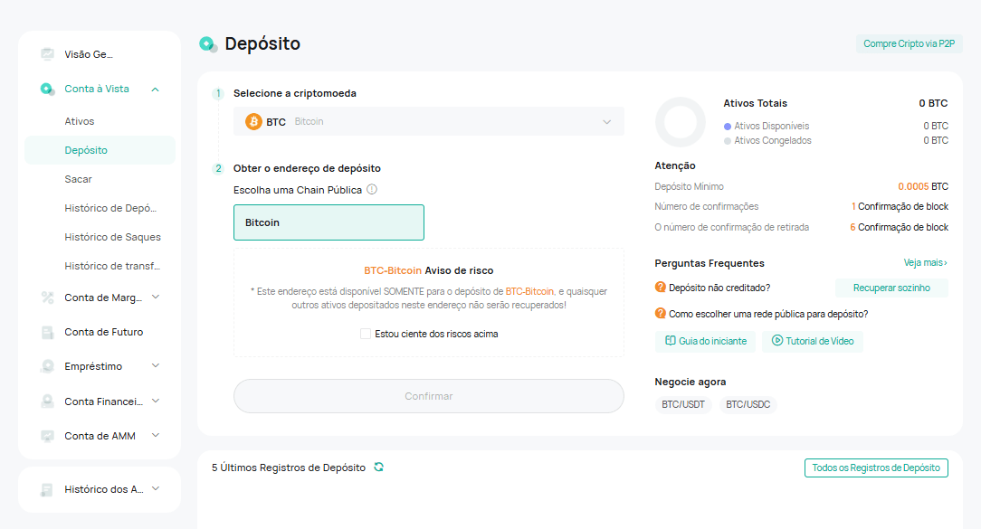 Depósito de criptomoedas na CoinEx