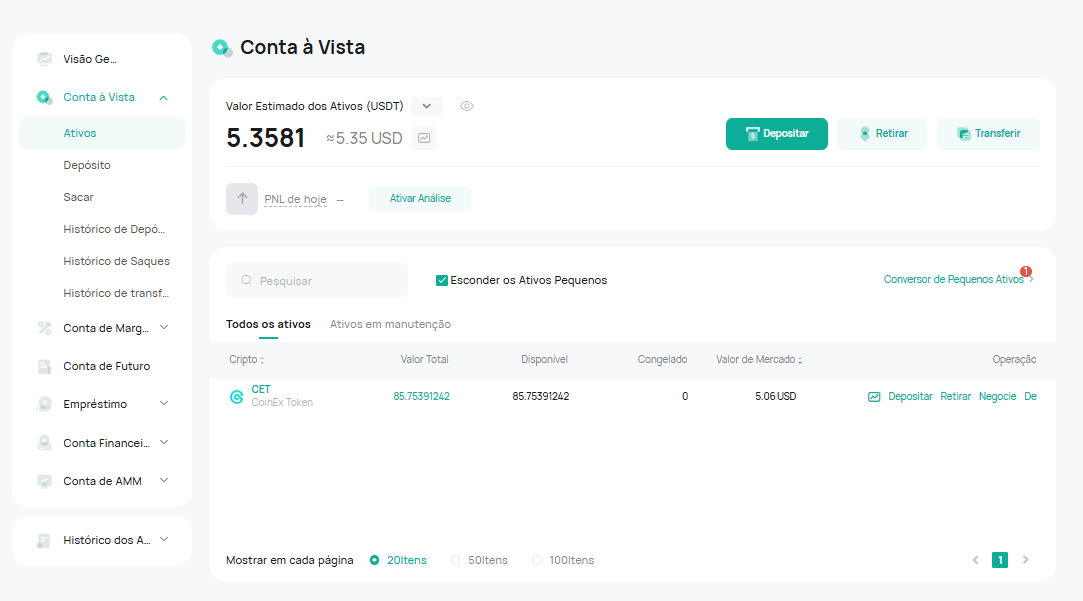 Conta à vista CoinEx