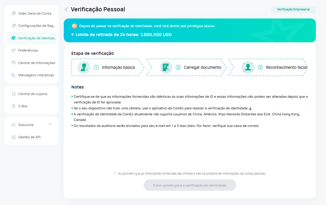 Verificação na CoinEx