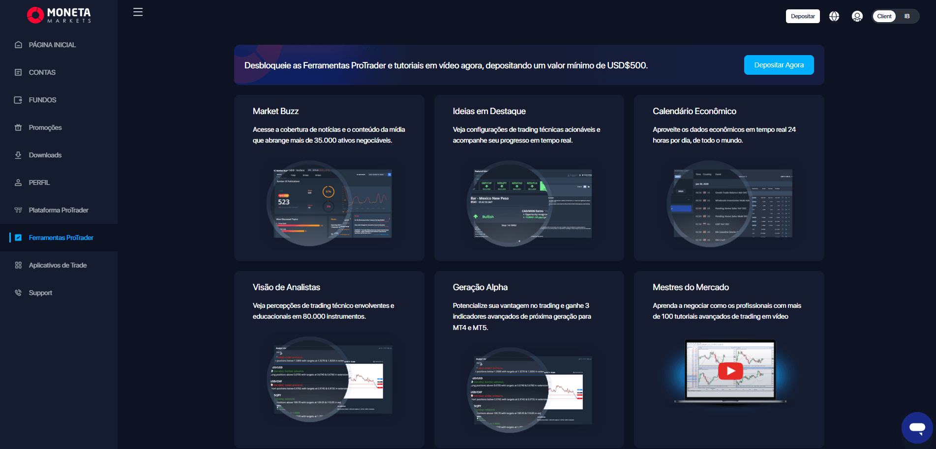 Ferramentas ProTrader no gabinete pessoal da Moneta Markets