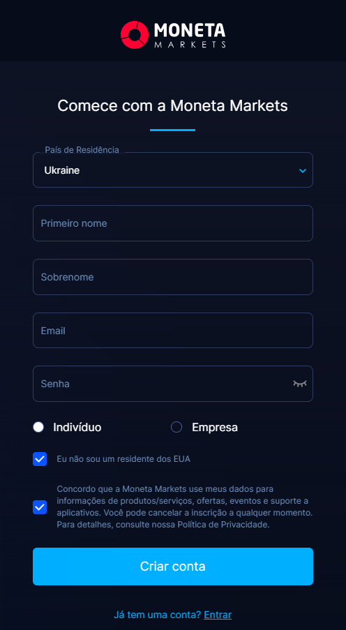 Formulário de registro na Moneta Markets