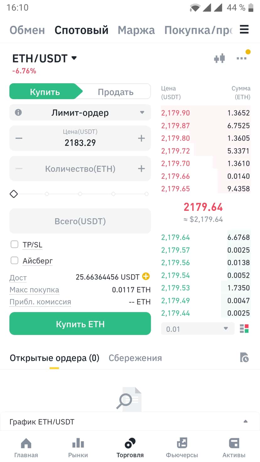 Торговля в мобильном приложении Binance