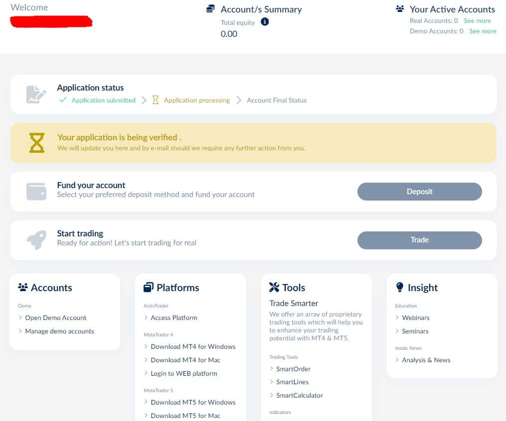 Persönlicher Bereich von ActivTrades