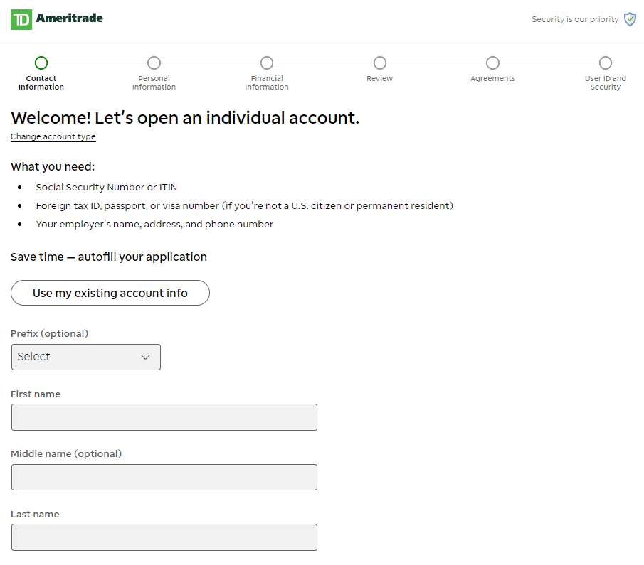 Заявка на открытие счета в Ameritrade