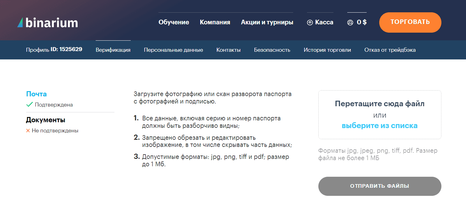 Верификация на Binarium