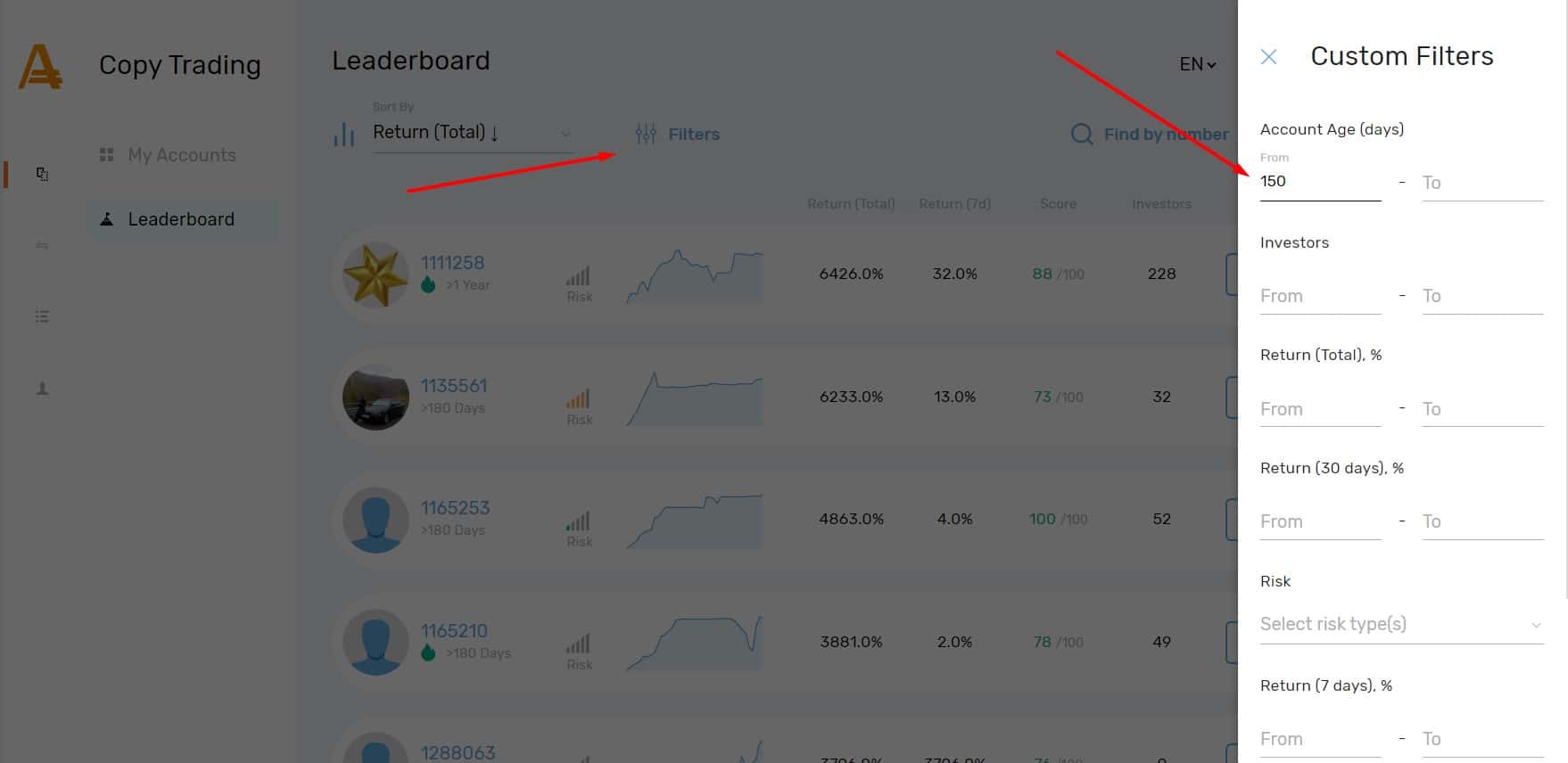 Filter the age of strategies for copy-trading on AMarkets
