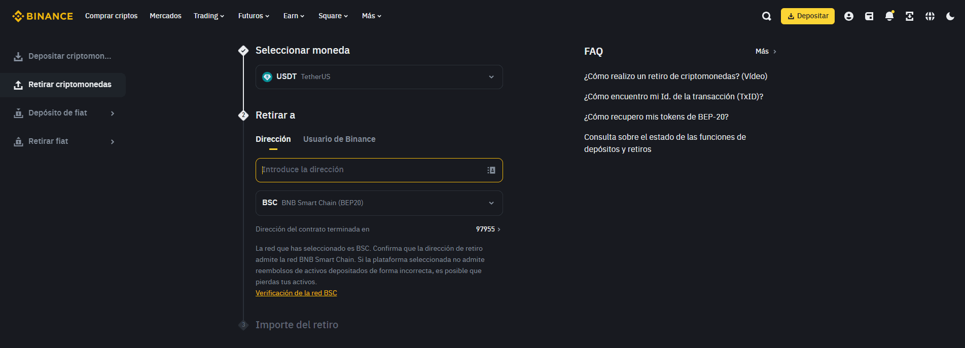 Retirada de criptomoneda de Binance