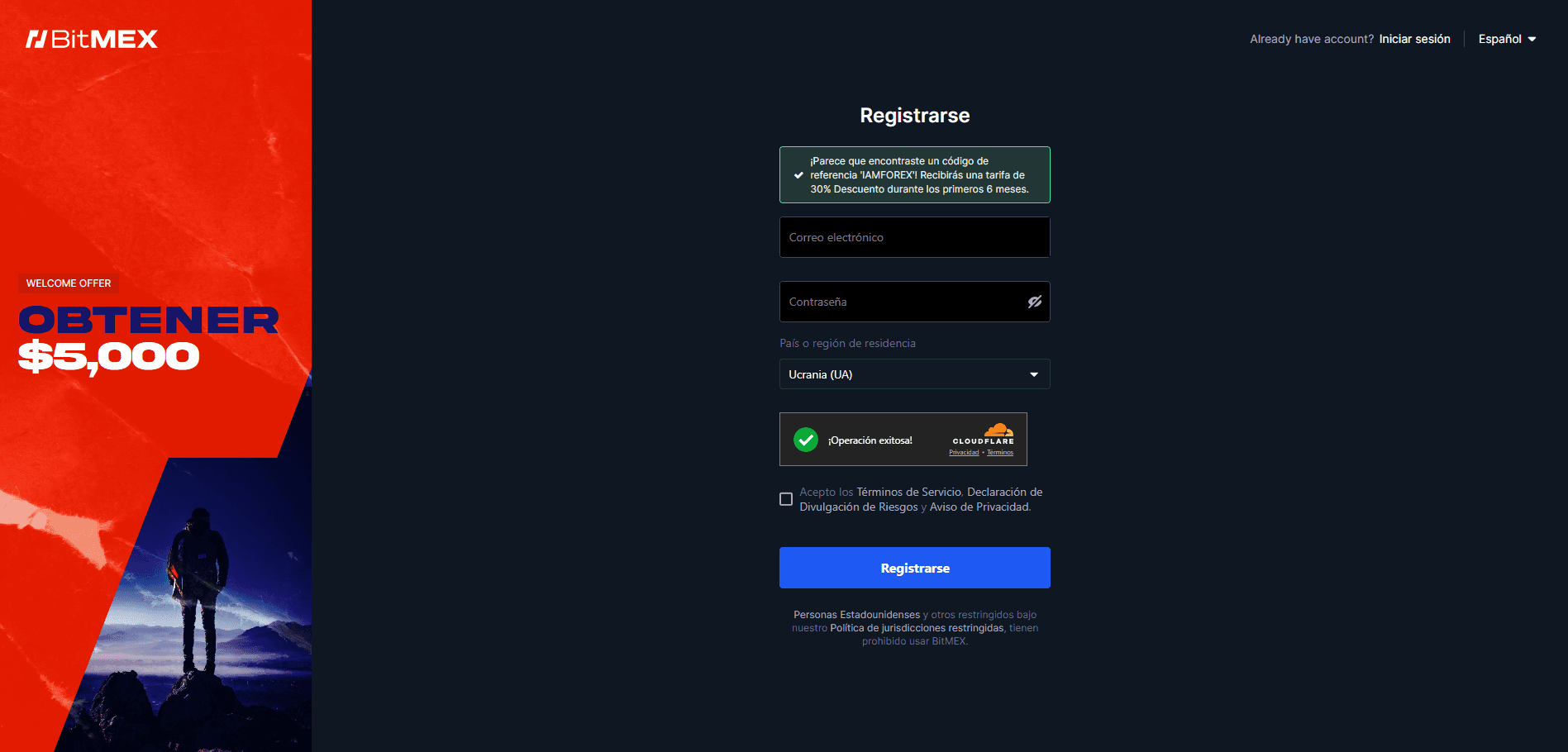 Formulario de registro en BitMEX