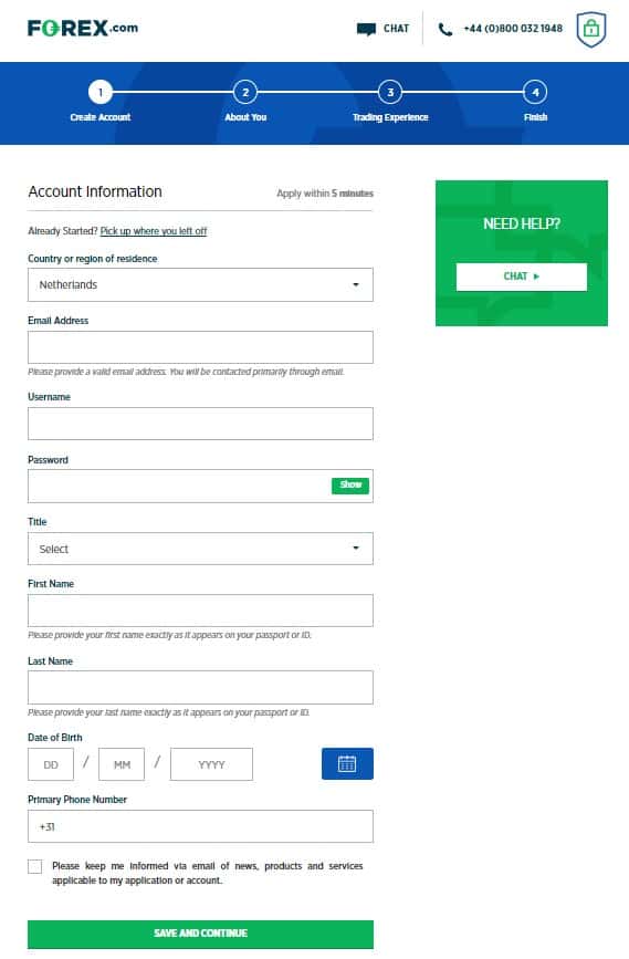 FOREX.com Registrierungsseite