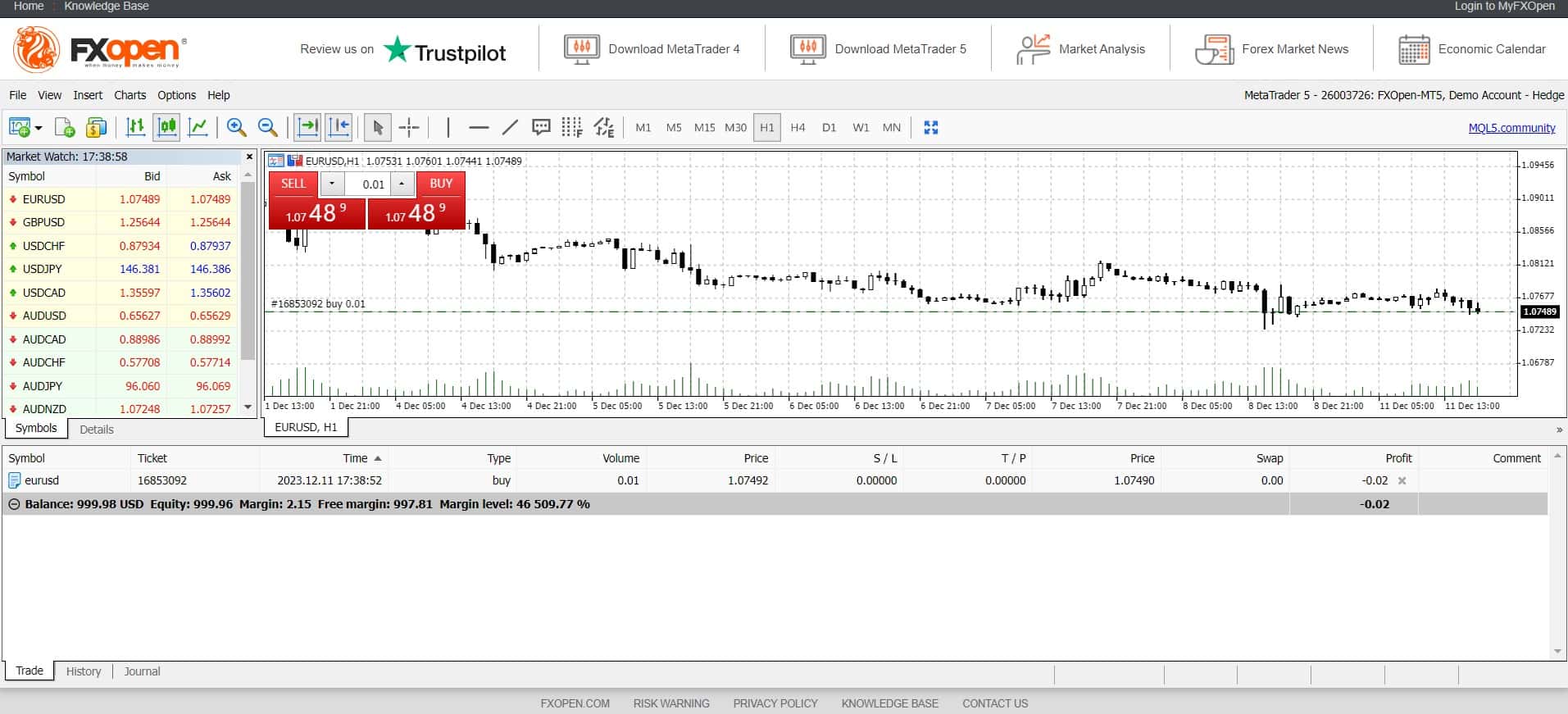 Plataforma Web MT5 do corretor FxOpen