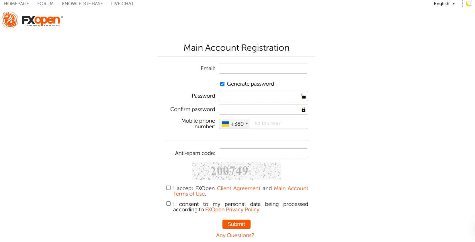 Formulário de registro da FxOpen