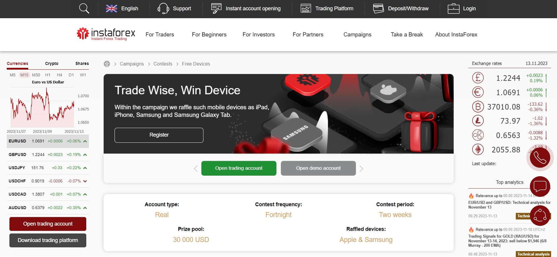 Handeln Sie klug und gewinnen Sie ein Gerät bei InstaForex