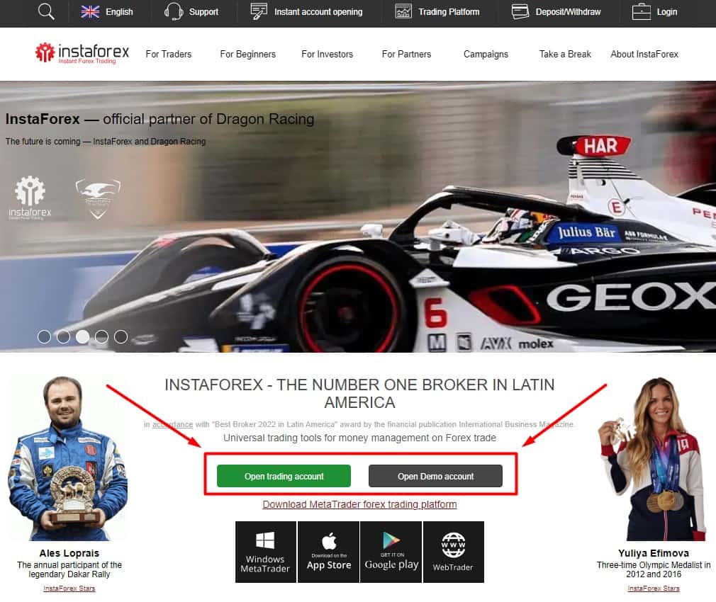 Registrierung auf der Website von InstaForex