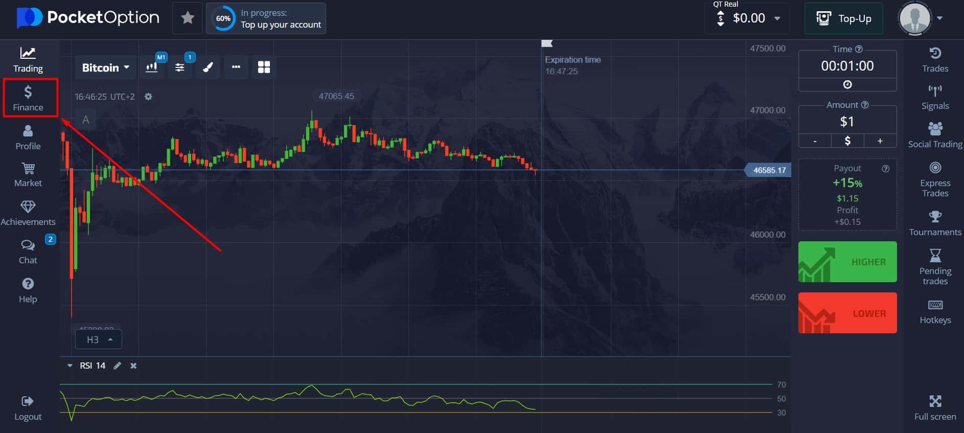 Finance section in the Pocket Option client area