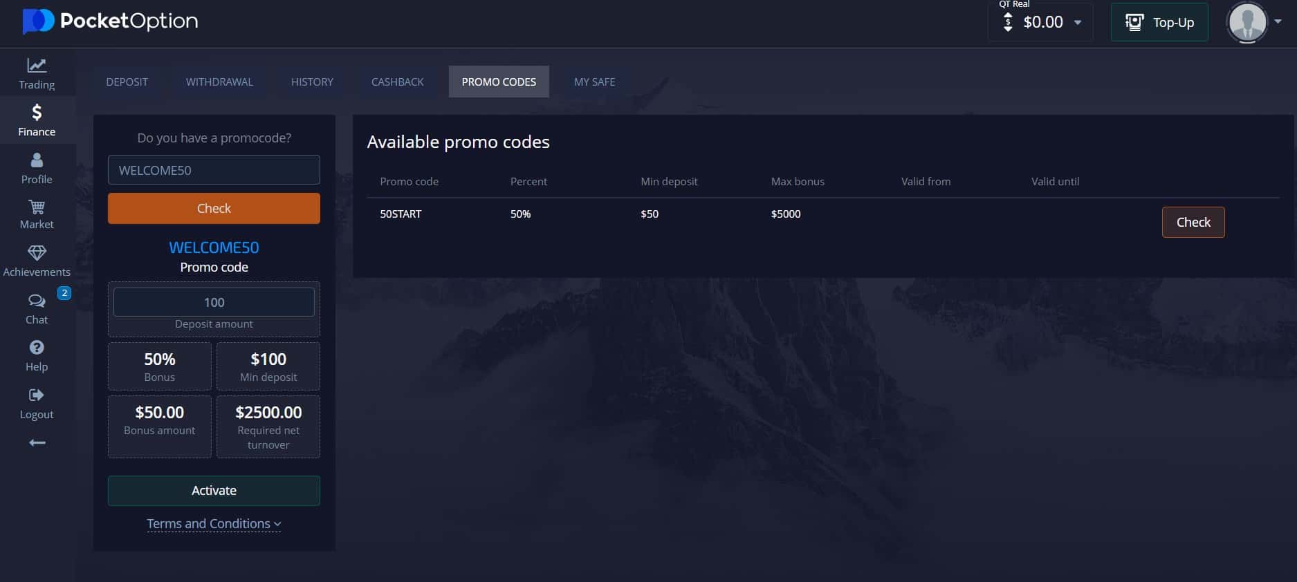 Checking the status of a promo code on Pocket Option
