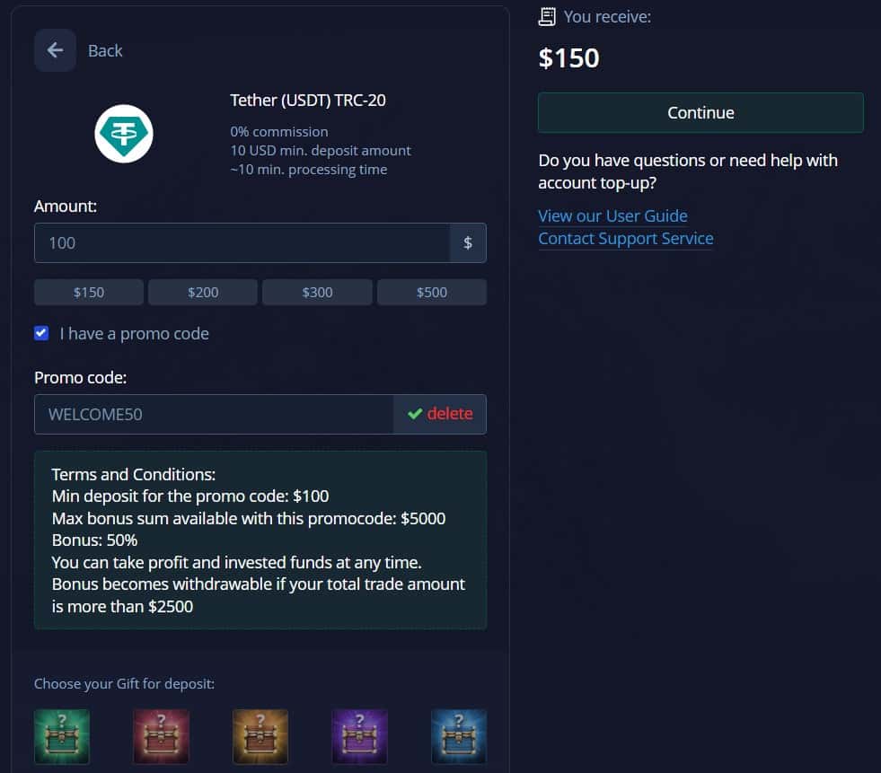Using a promo code on the Pocket Option platform