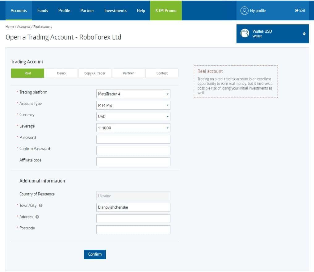 Escolhendo uma conta de negociação RoboForex