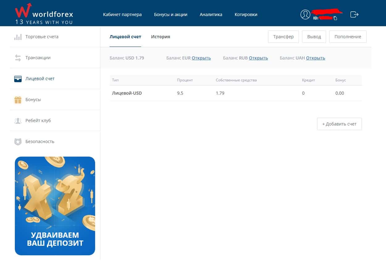 Кабінет трейдера World Forex