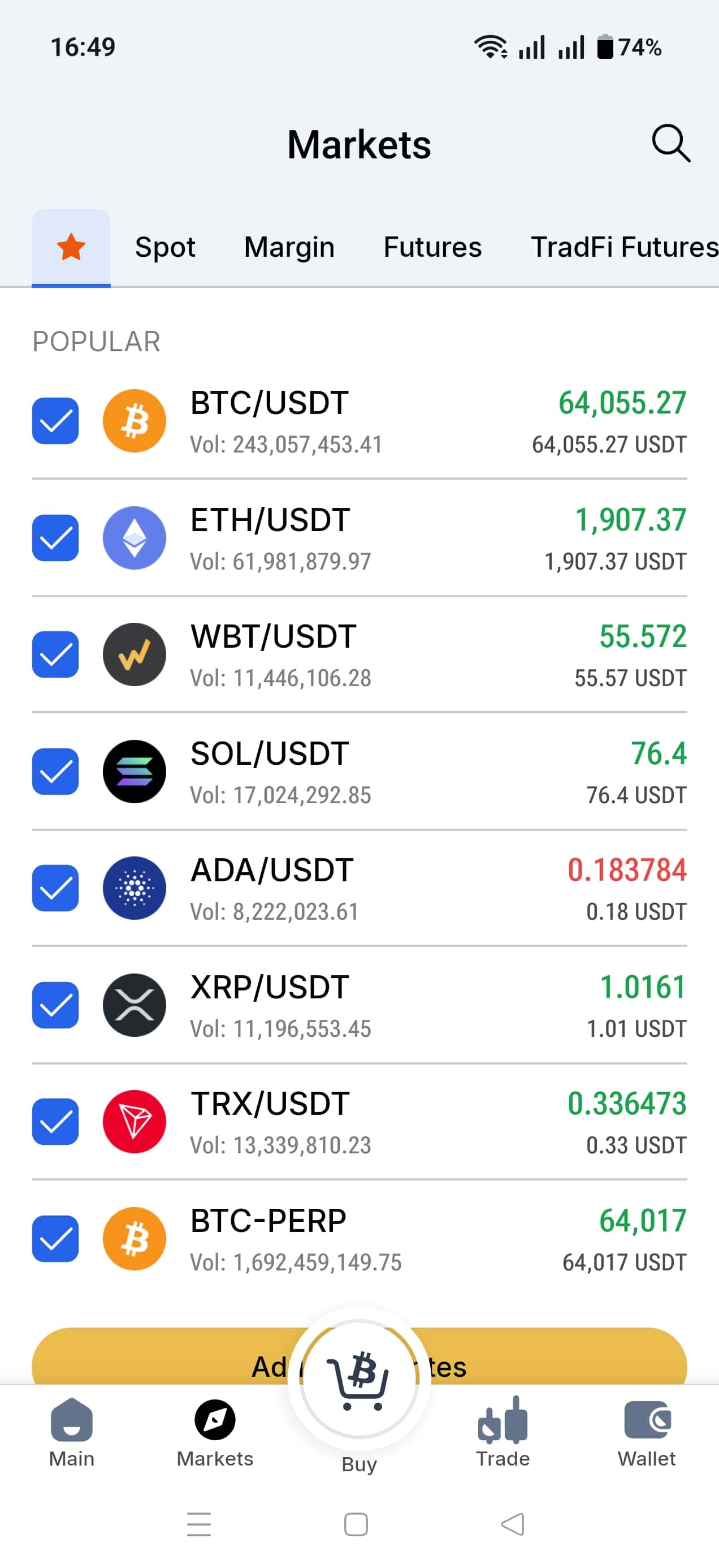 Märkte in der WhiteBIT Mobile App