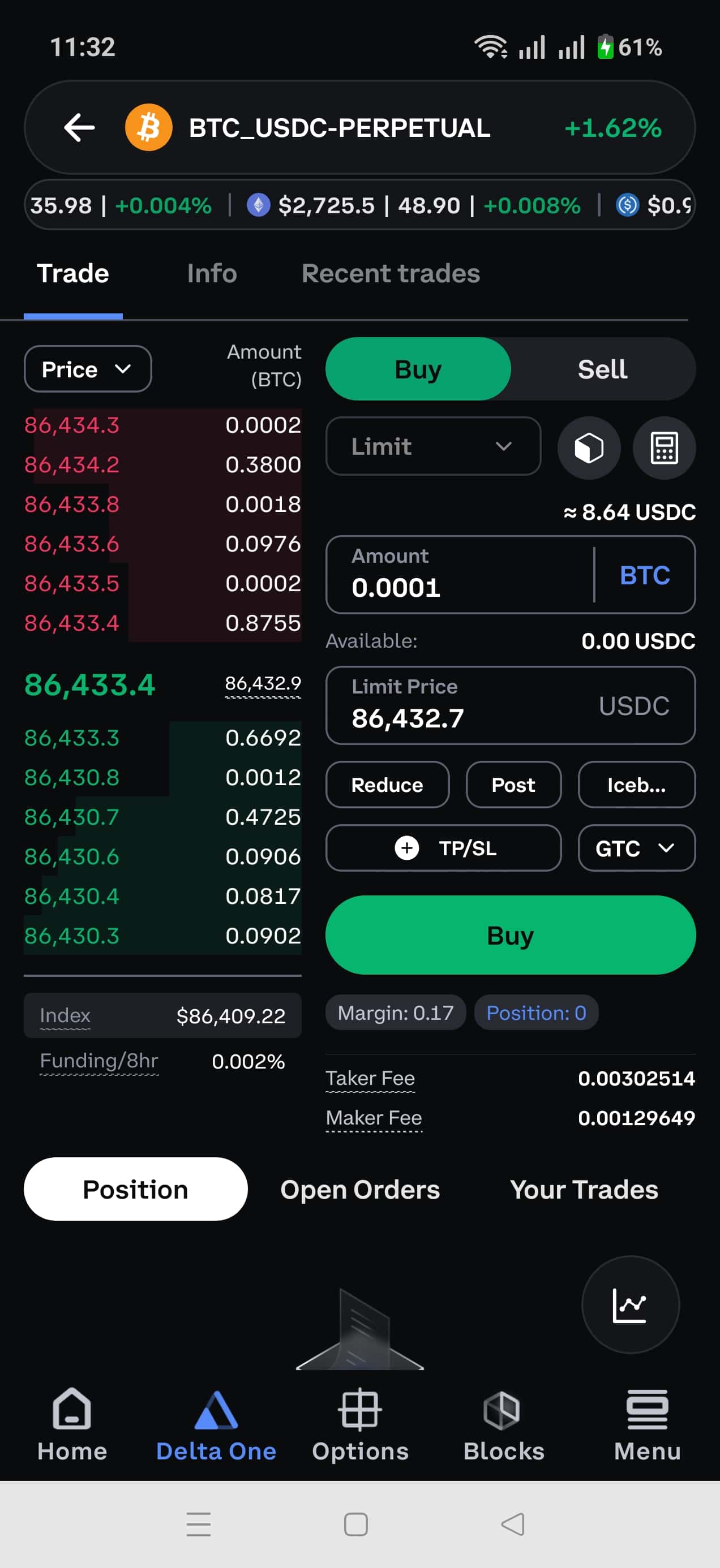 Торгівля в мобільному застосунку Deribit