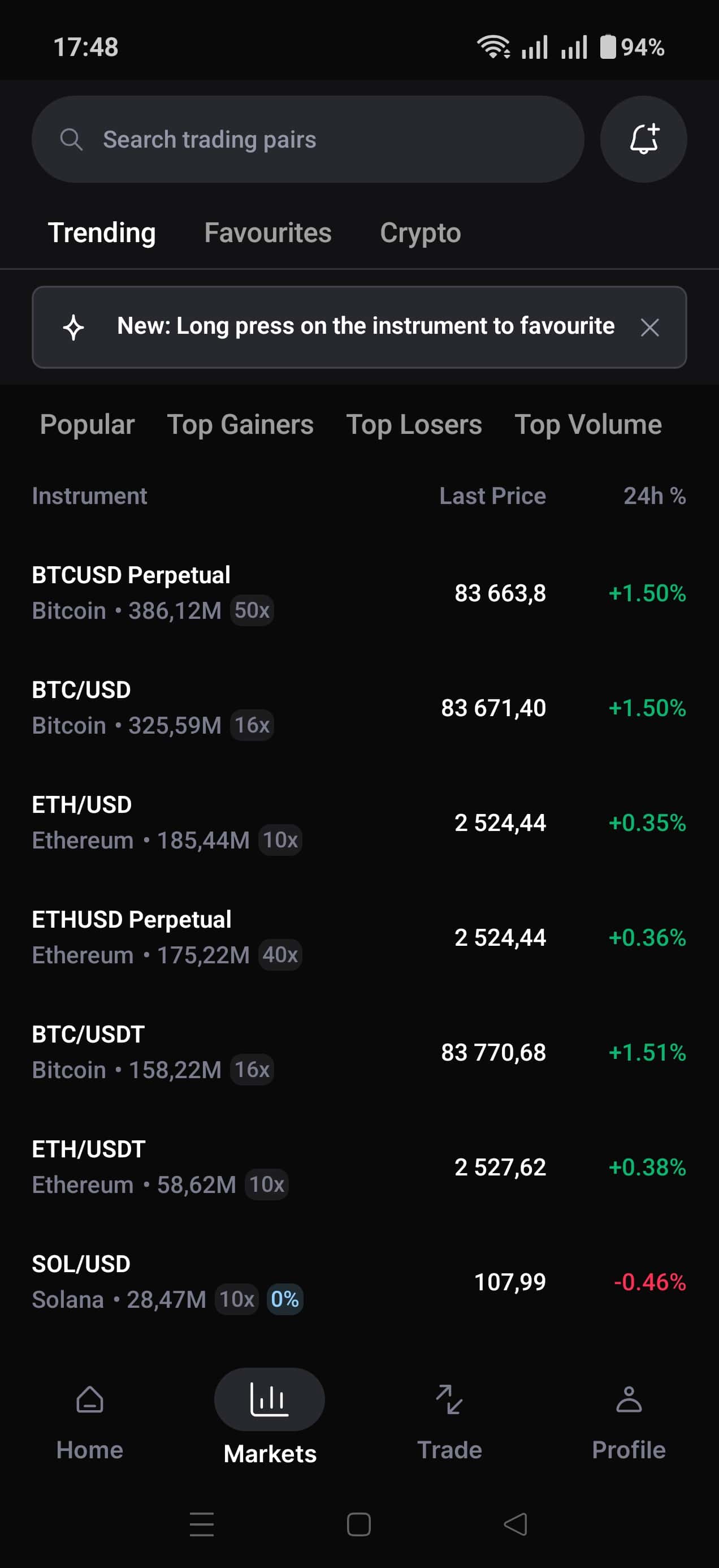 Рынки в мобильном приложении Crypto.com