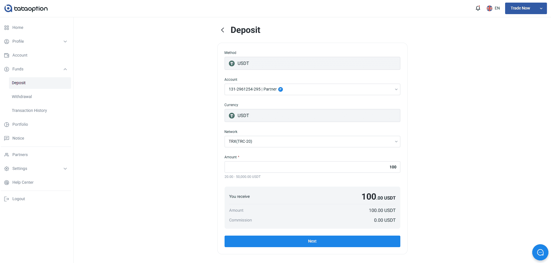 Depositing an Account on BABA Option