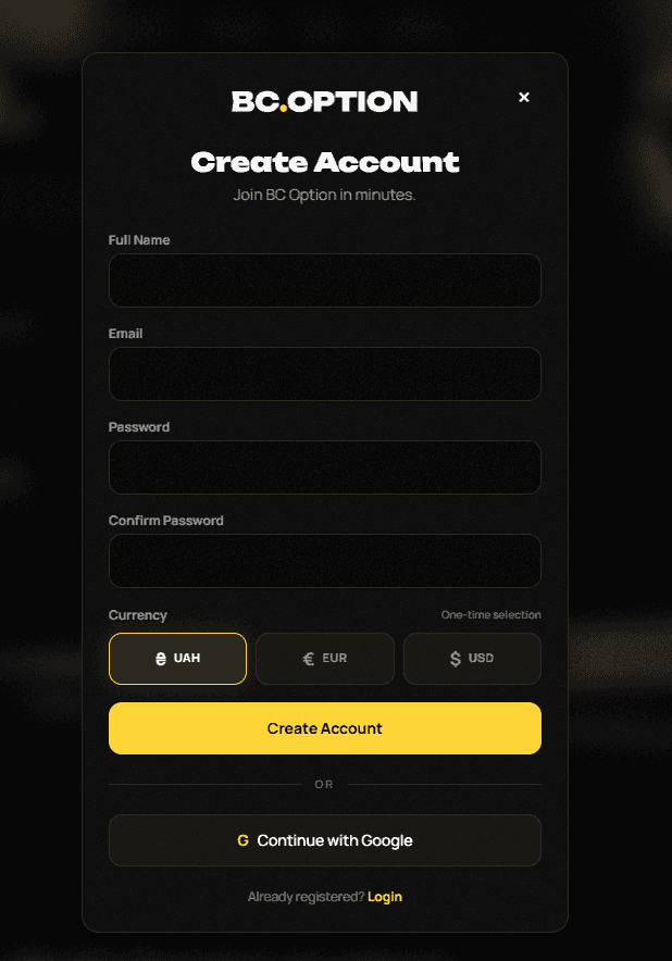 Formularz rejestracyjny w BC Option