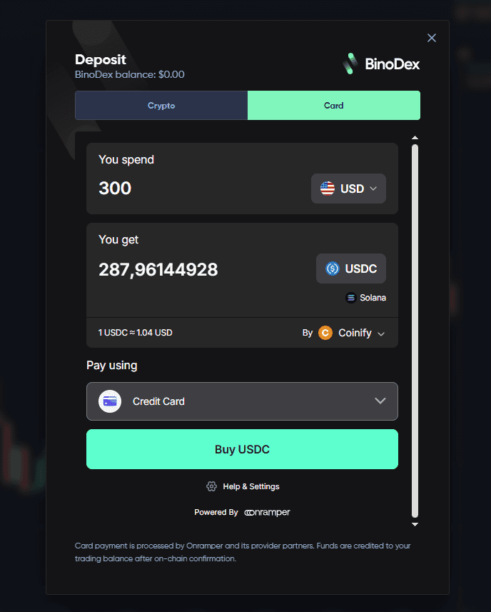 Depositing fiat on BinoDex