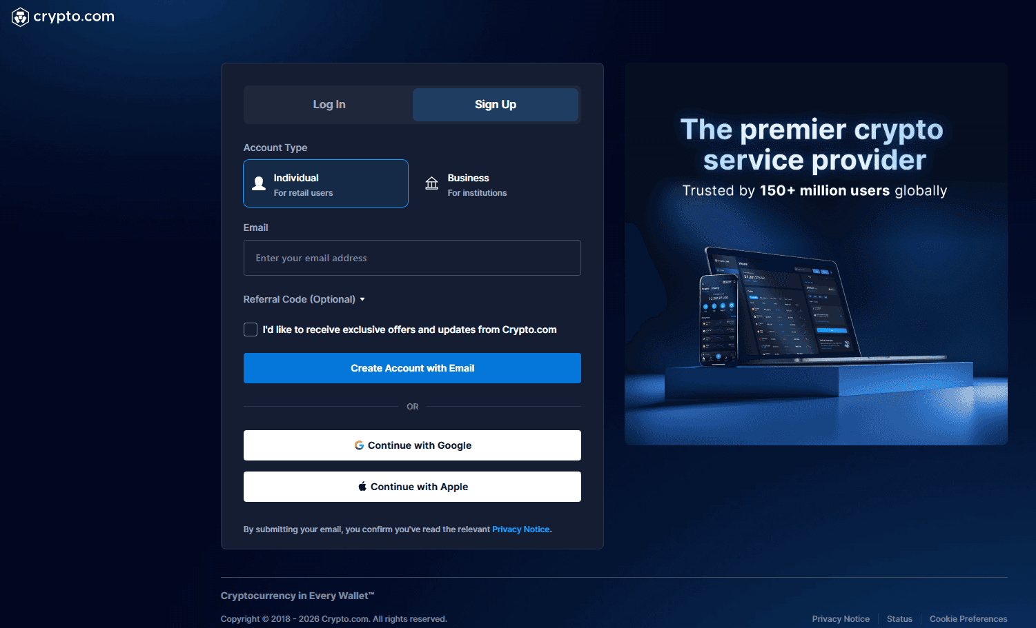 Форма регистрации на Crypto.com