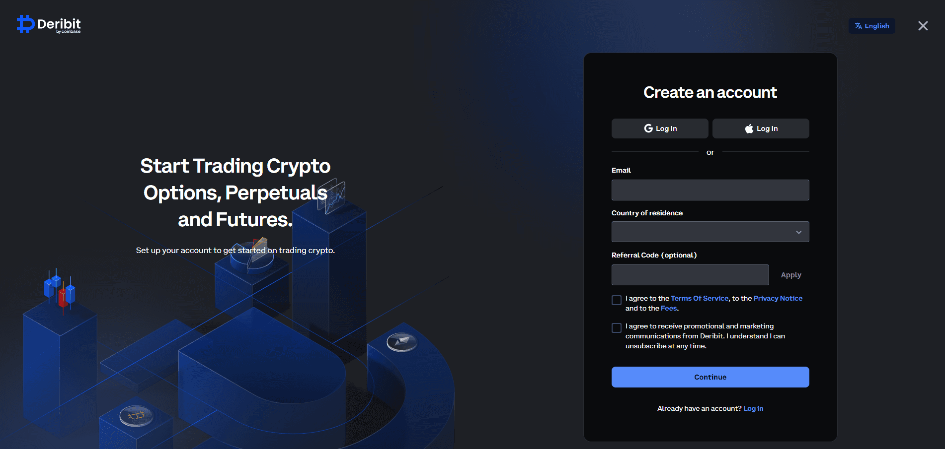 Форма реєстрації на Deribit